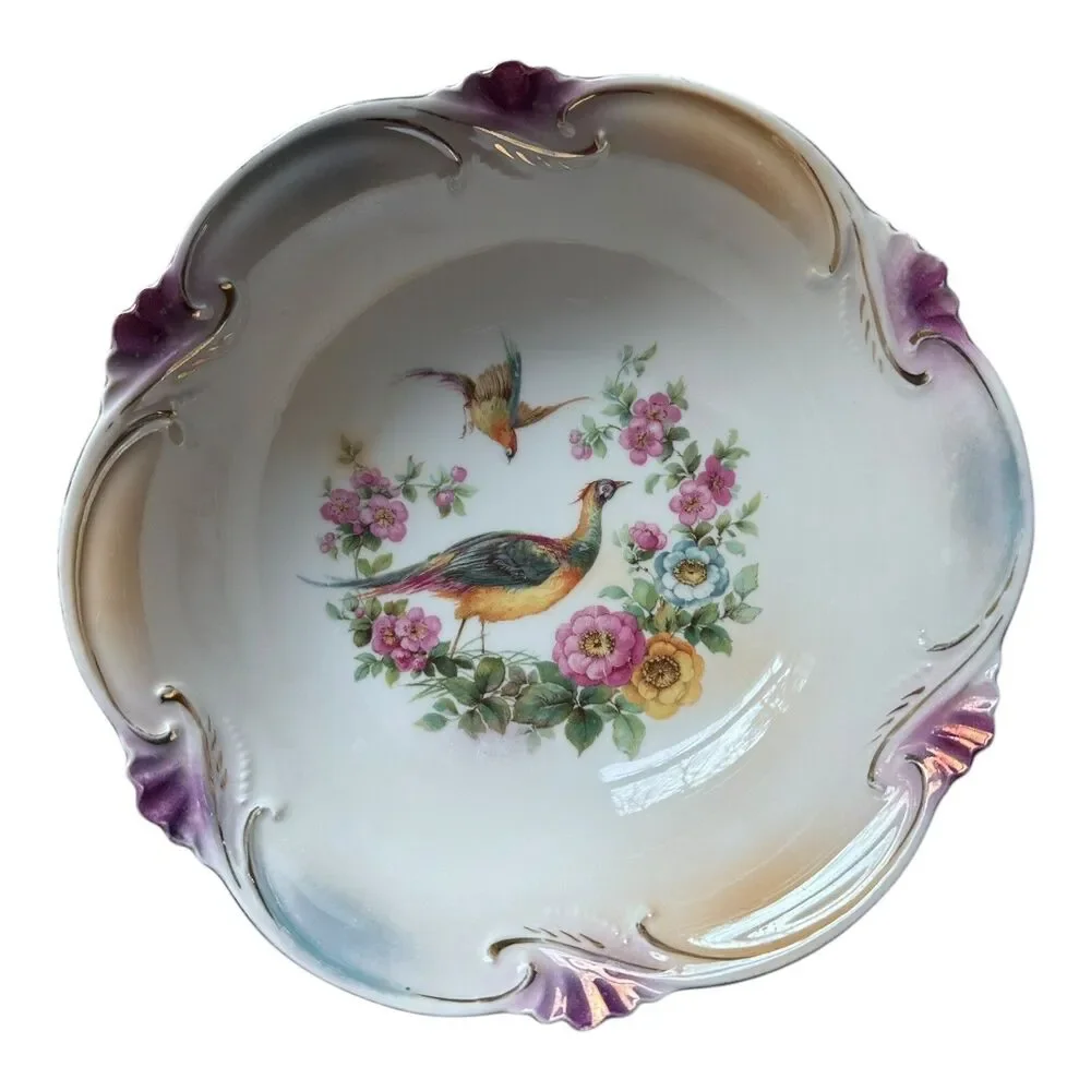 Vintage Floral Porcelain Serving Bowl Pheasants Scalloped Edge Made in Germany